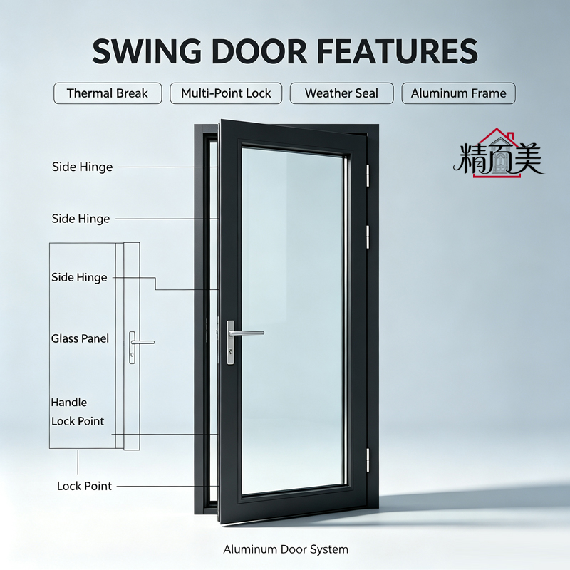 Aluminium Alloy Thermal Break Double Tempered Glass Tight Seal Single Leaf Swing Door For Villa Commercial Interior