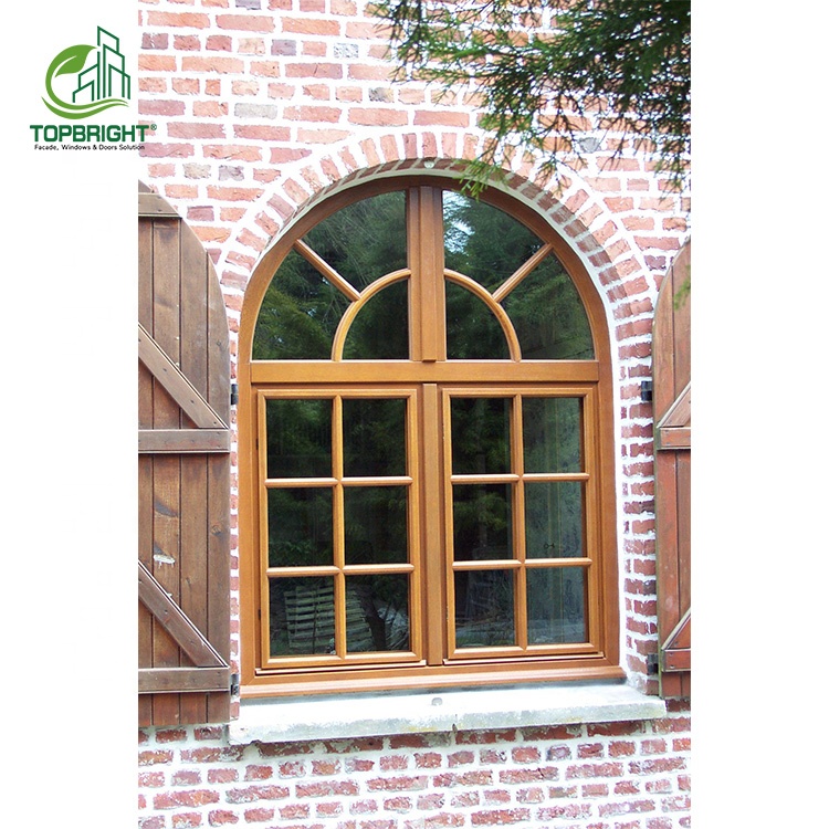 American Hot Style French Window Glass Top Round Grid Aluminum Alloy Arch Swing Out Casement Window